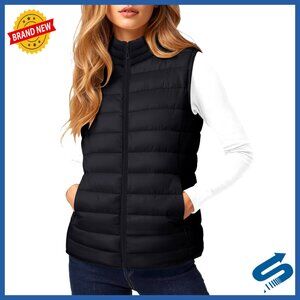 Women's Quilted Puffer Vest Lightweight Sleeveless Stand Collar 4 Pockets